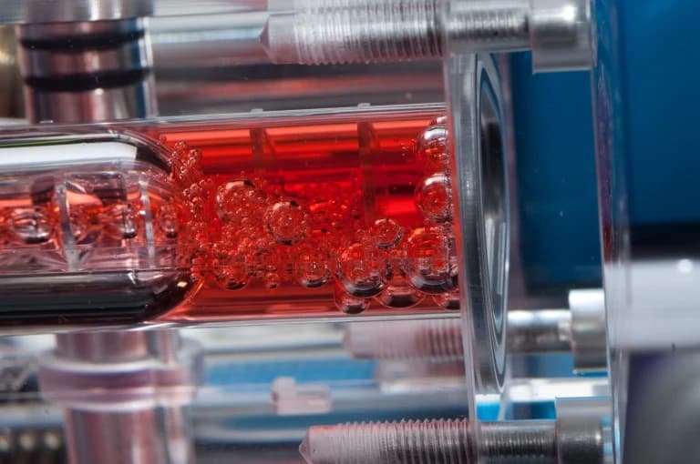 Red liquid and suspended bubbles inside a Capillary Flow Experiment vessel aboard the International Space Station