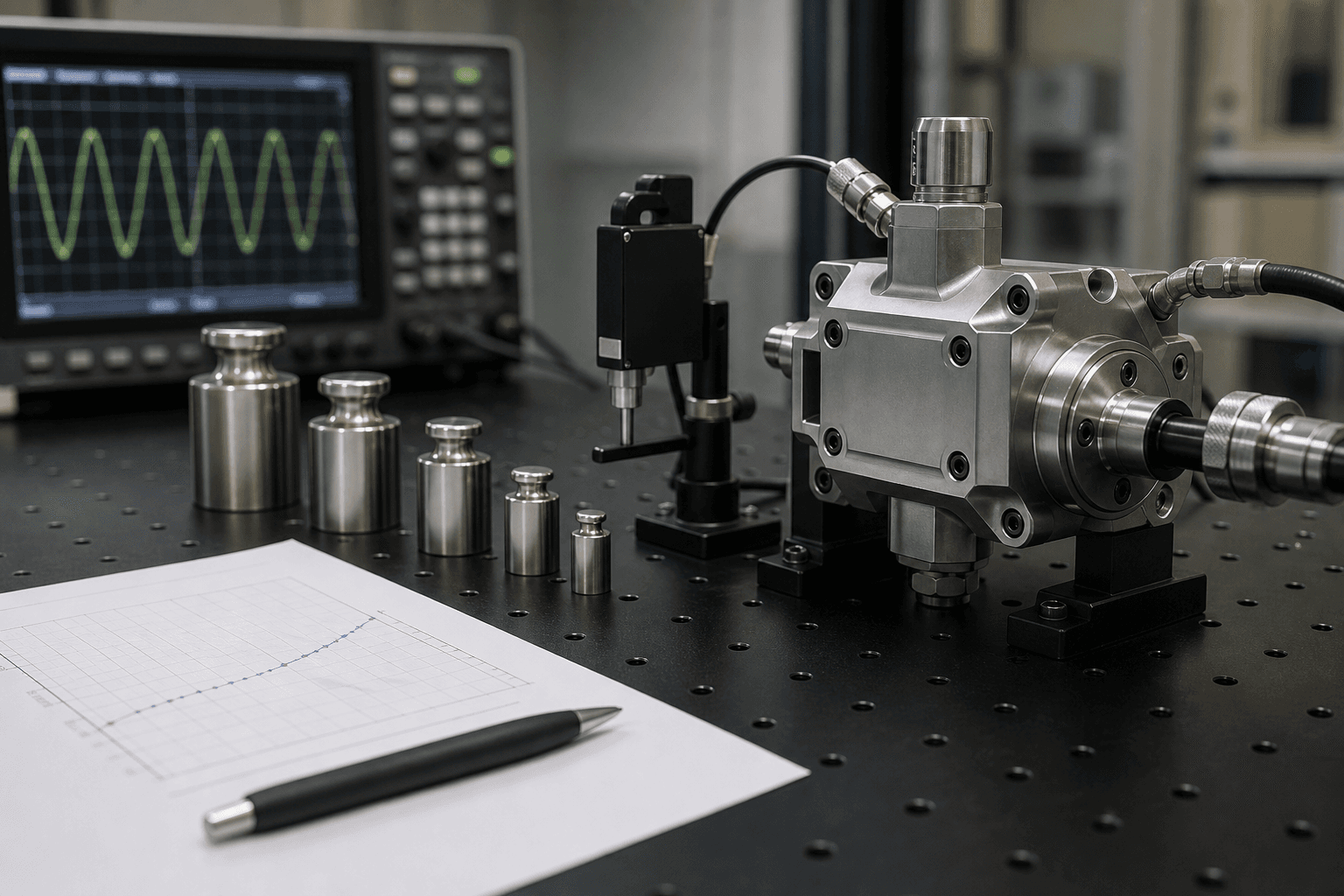 A machined test article beside calibration weights and measurement equipment