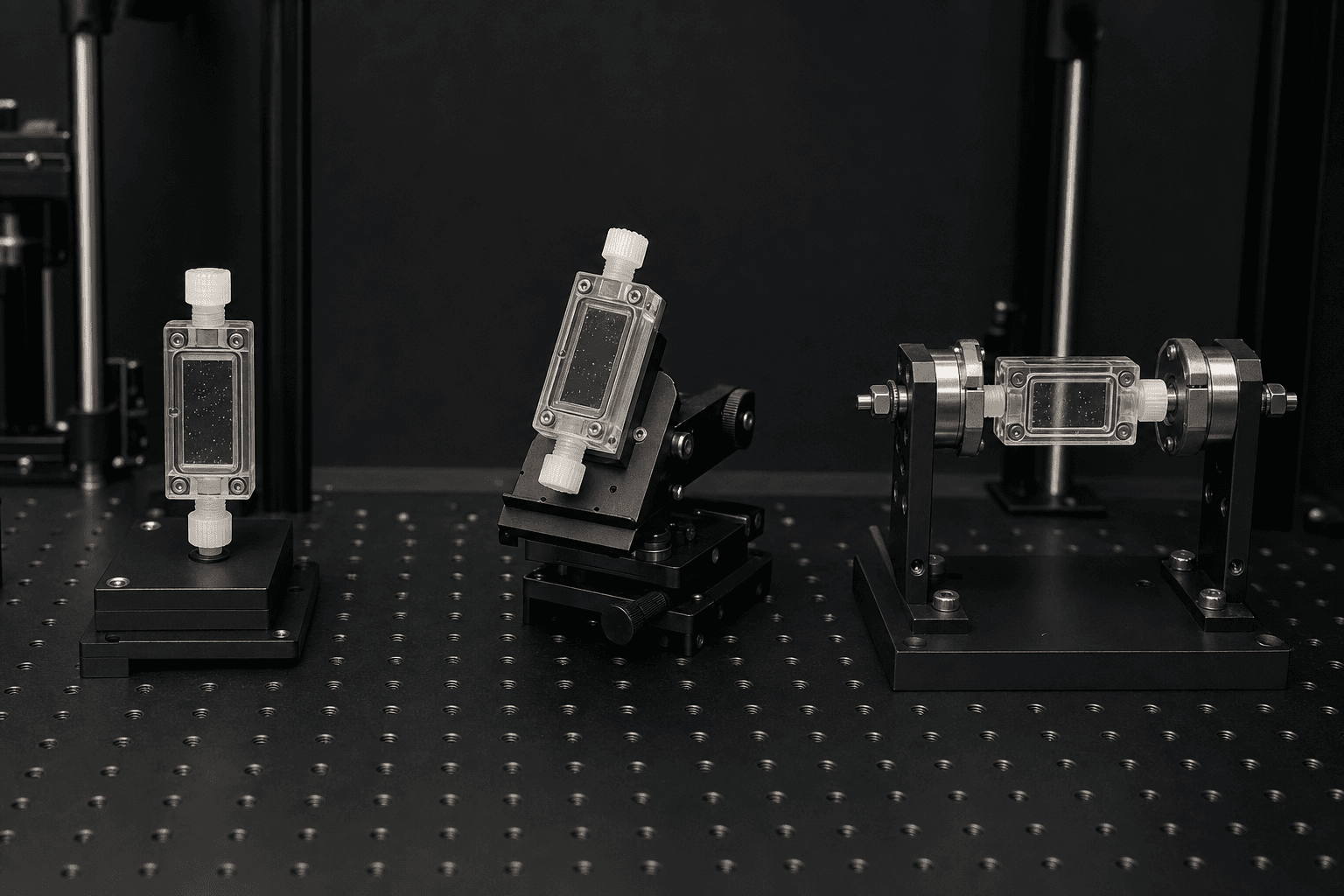 Three physical configurations of the same compact fluid experiment on an optical bench