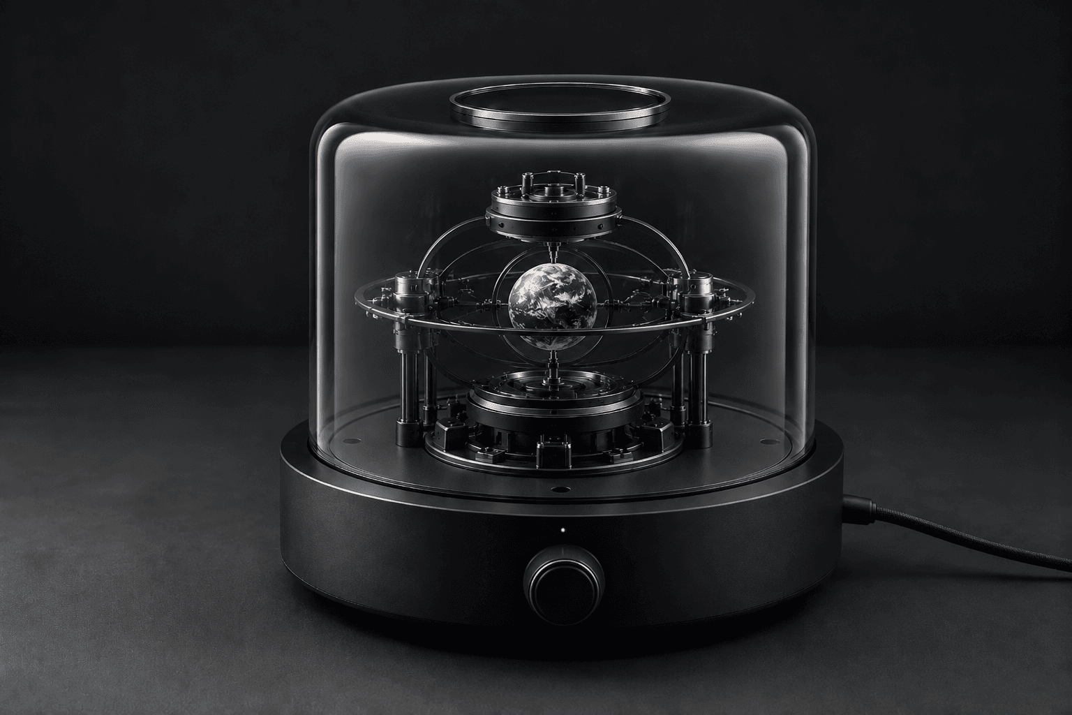 A glass chamber containing an orbital hardware instrument and a miniature Earth
