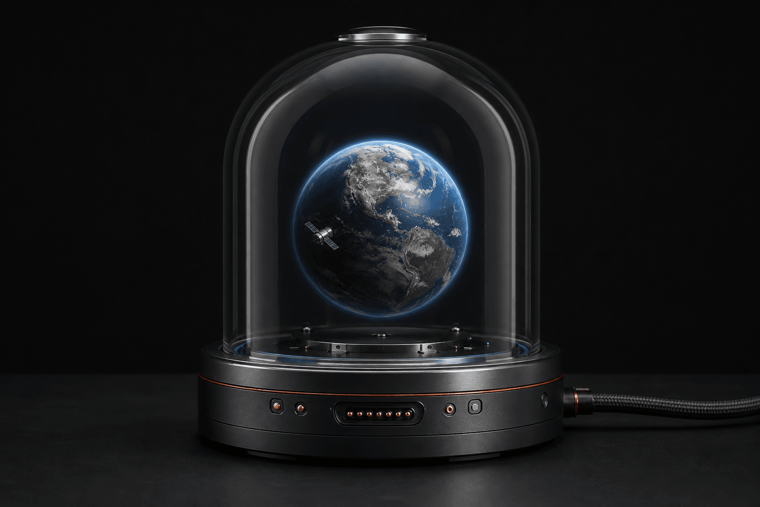 A glass research chamber containing a miniature Earth and a satellite in low Earth orbit