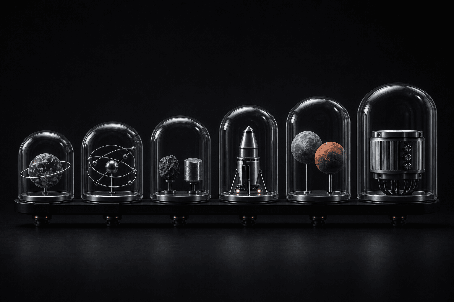 Six connected glass chambers showing Ground Blue capabilities expanding from Earth orbit to physical hardware