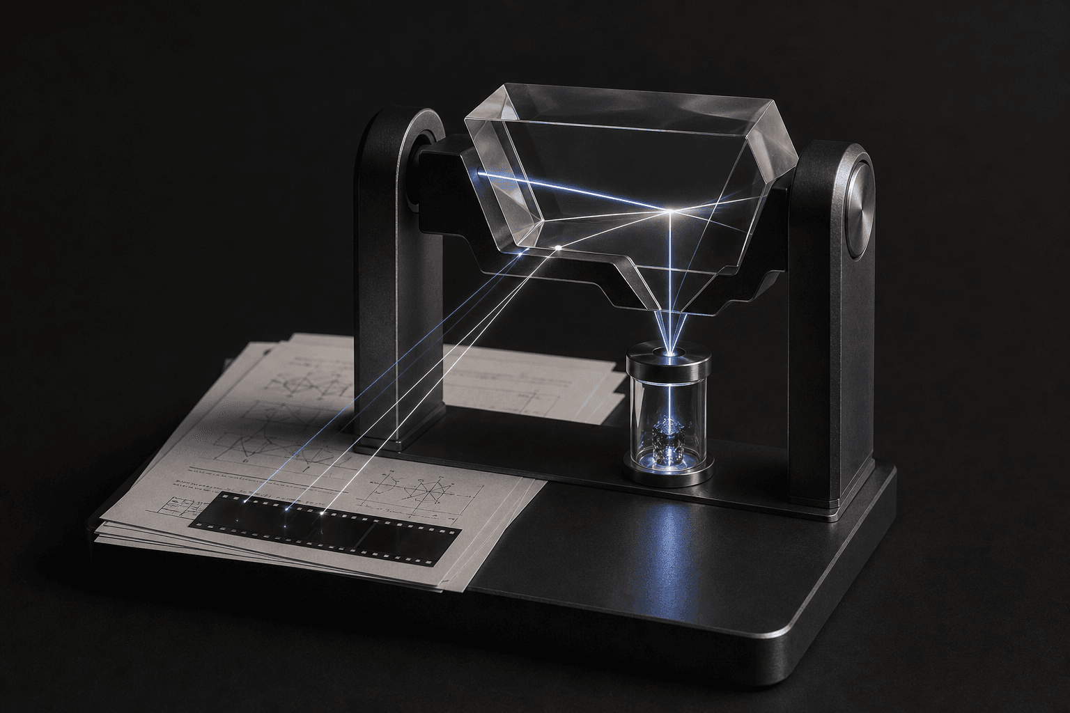 An optical research instrument tracing light from technical papers through a prism to a physical sample
